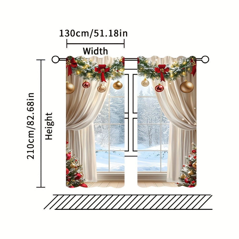 2pcs Set Christmas Digital Print Curtains with Green Leaf Edge - Rod Pocket Design for Living Room, Bedroom, Kitchen & Office Decor