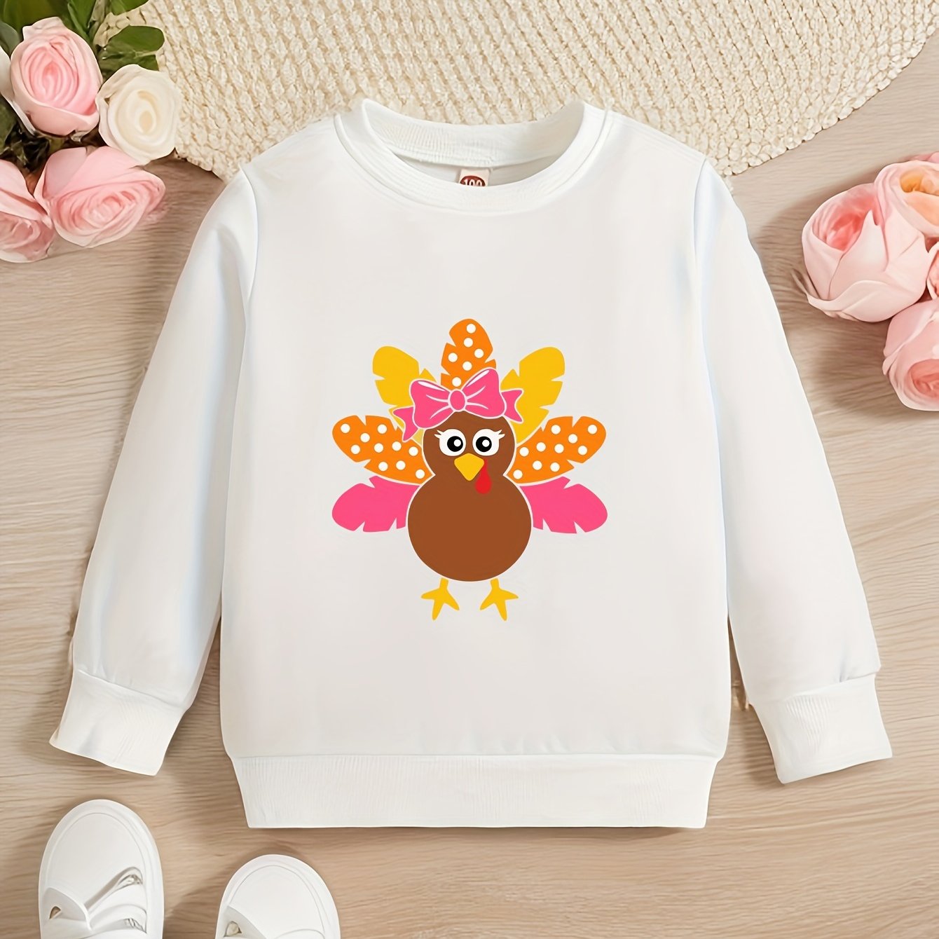 Cute Turkey Print Crew Neck Pullover Sweatshirt for Girls - Soft Medium Stretch Polyester, Regular Fit, Machine Washable, Fall/Winter Seasonal Wear - Perfect for Autumn Party and Thanksgiving Celebration