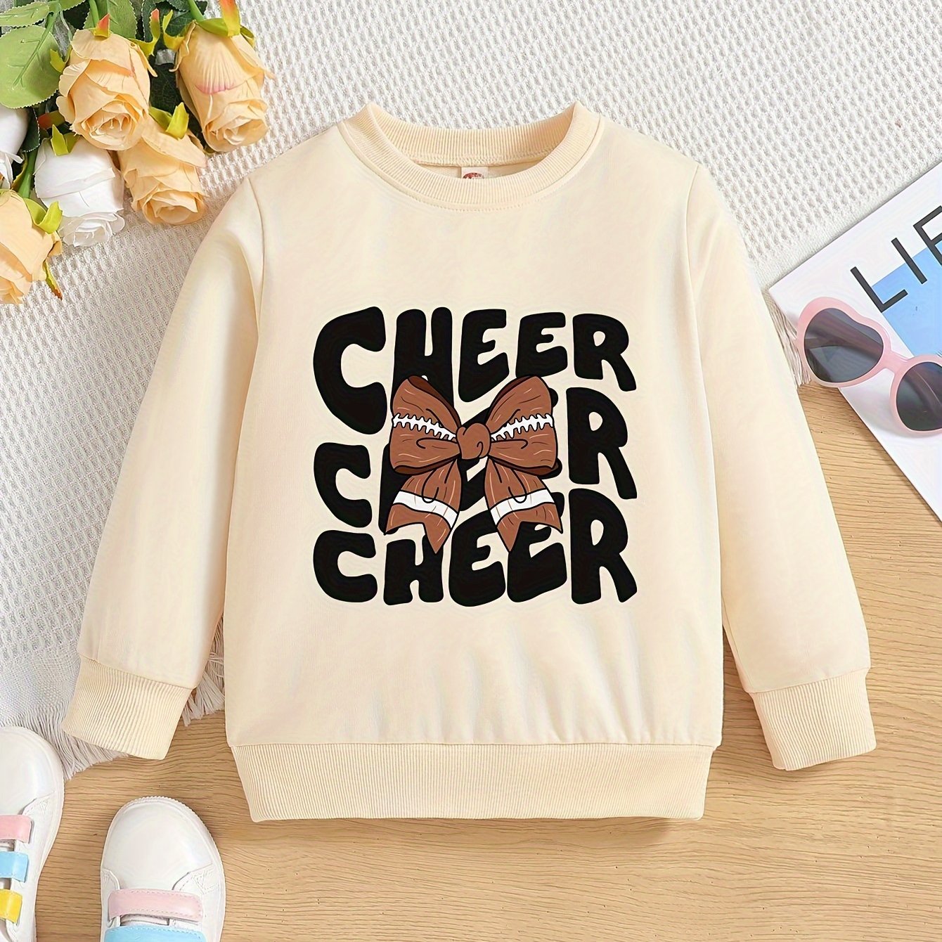 Kids Cute Cheer Graphic Sweatshirt 100% Polyester Crew Neck Medium Stretch Alphabet Print Top for Fall/Winter - Casual Long Sleeve Knit Fabric Pullover for Girls 12 and Under