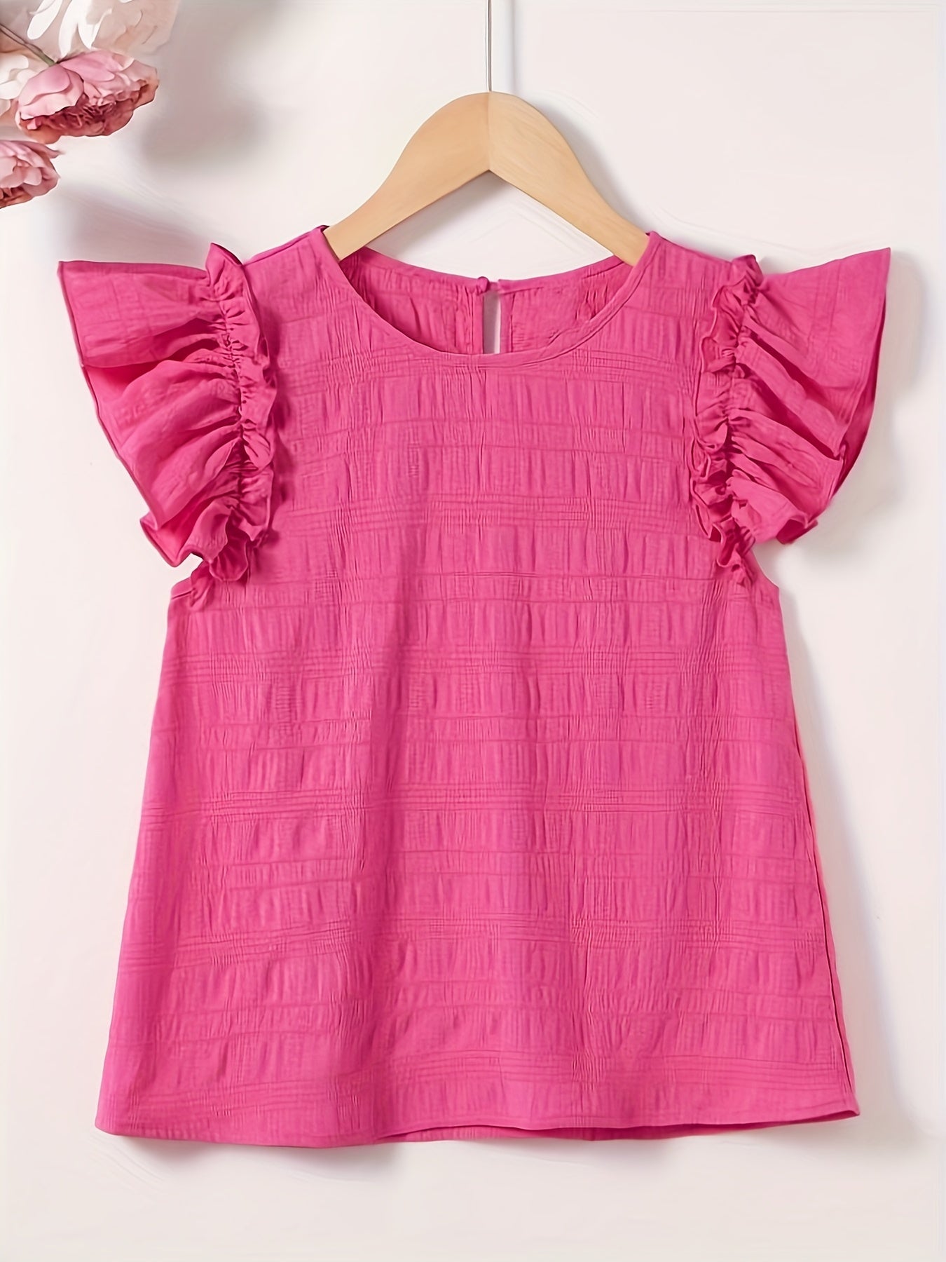 Charming Girls' Ruffled Crew Neck Blouse - Breathable, Casual, Sweet Summer Top with Flared Sleeves - Perfect for Outdoor Play and Daily Wear