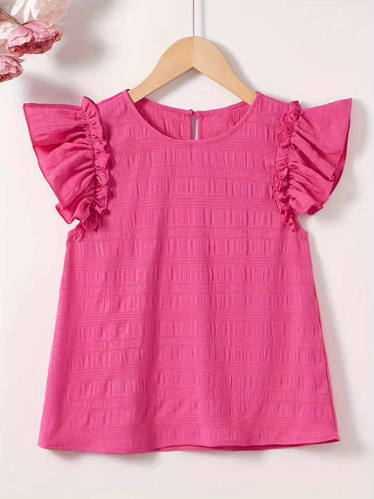 Charming Girls' Ruffled Crew Neck Blouse - Breathable, Casual, Sweet Summer Top with Flared Sleeves - Perfect for Outdoor Play and Daily Wear