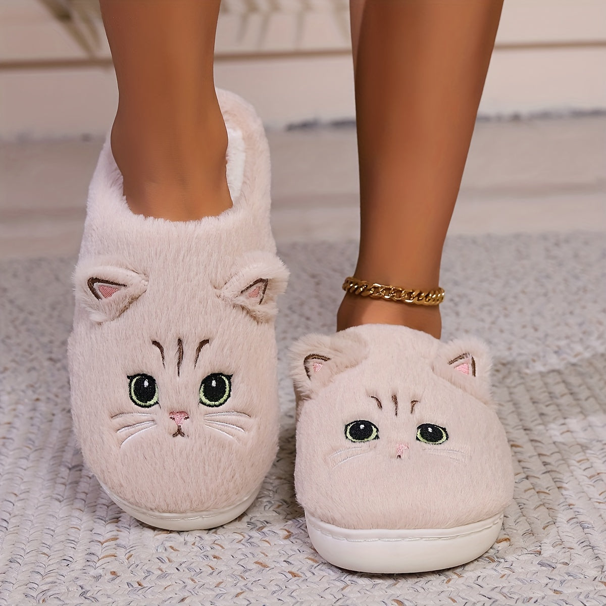 Comfy Kawaii Cat Home Slippers - Solid Color Plush Fabric, Cozy Closed Toe Winter Shoes with a Soft Sole