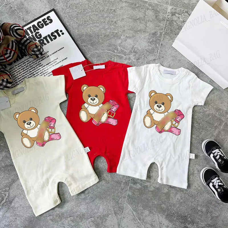 Babies Rompers Casual Suit Bear Letter Colourful Short Sleeve Jumpsuit Summer 100% Cotton Baby Brand Bodysuit Newborn Soft Onesie 59-90cm