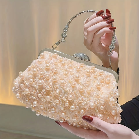 Faux Pearl Decor Evening Bag, 3D Flower Wedding Bridal Bag, Top Ring Clutch Purse For Prom Banquet