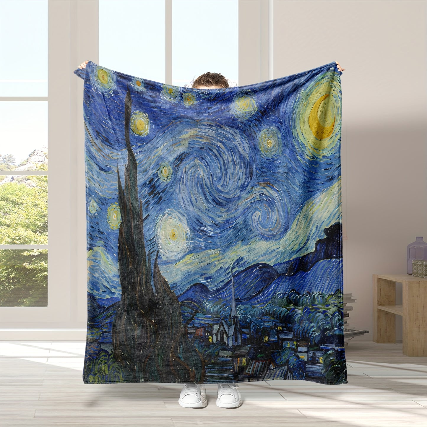 1pc Premium Flannel Art Blanket with Vibrant Van Gogh Starry Night Design - Soft, Cozy, and Durable Home Decor for Bedroom, Living Room, Office, and Travel - Unique Fashion Art Piece for Any Space