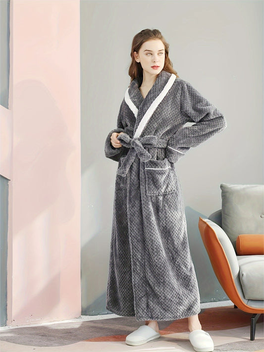 Plus Size Cozy Flannel Robe - Soft, Warm, Long Sleeve, Contrast Pipping, Thick, Casual Loungewear for Fall and Winter Nights - Ideal for Relaxation and Sleep