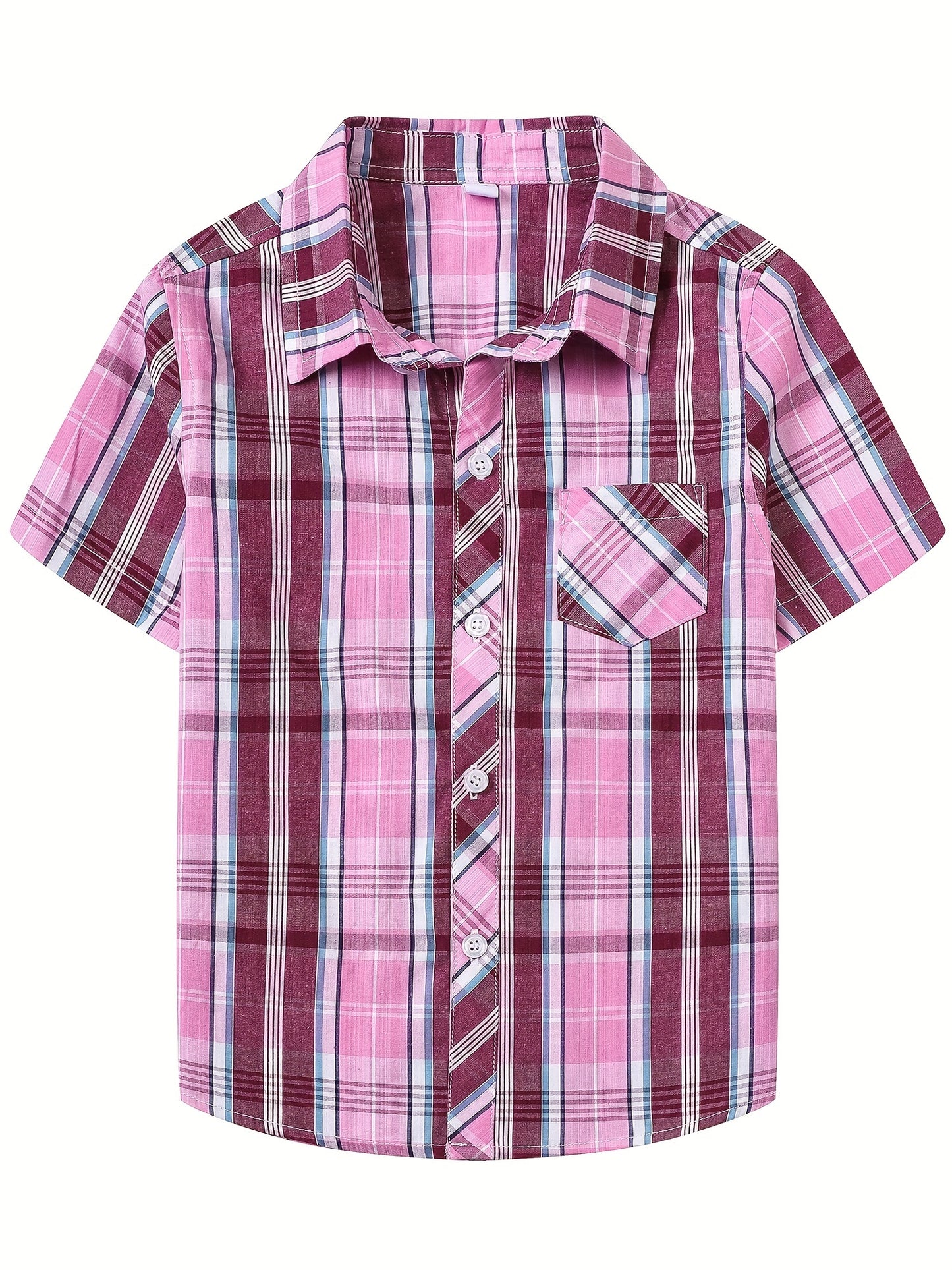 Boys and Girls Classic Plaid Cotton Casual Shirt - Short Sleeve, Lapel Collar, Front Pocket, Machine Washable - Perfect for Spring and Summer