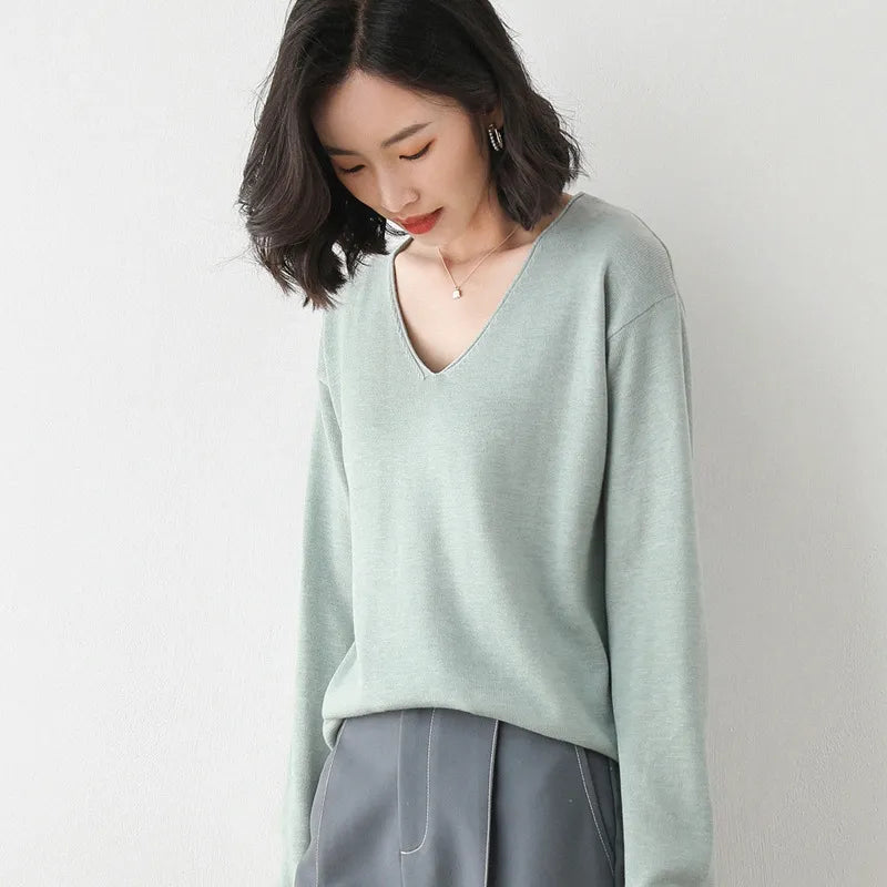 Spring Autumn Wool Blend Sweaters Women Fashion Sexy V-neck Pullover Loose Batwing Sleeve Plus Size Knitted Tops 200929