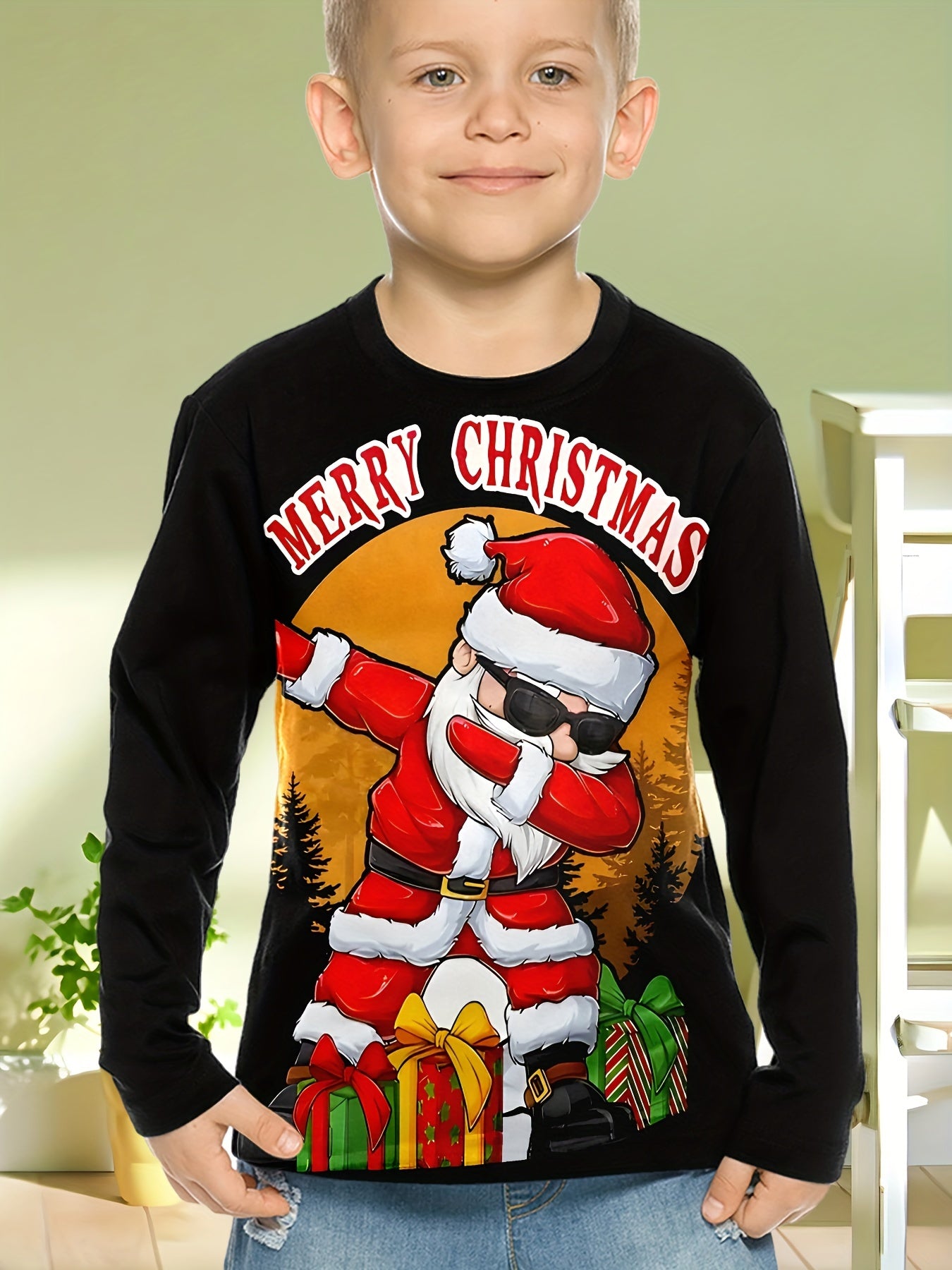 Boys' Festive Santa Claus Long Sleeve T-Shirt - Casual & Comfy, Perfect for Spring/Fall Outings