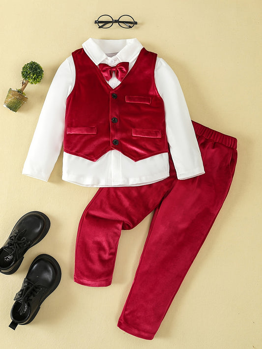 Boys' 3-Piece Gentleman Outfit Set - Long Sleeve Dress Shirt With Bow Tie + Velvet Vest + Pants, Perfect For Christmas, Birthday, Banquet, Parties - Party Style Outdoor