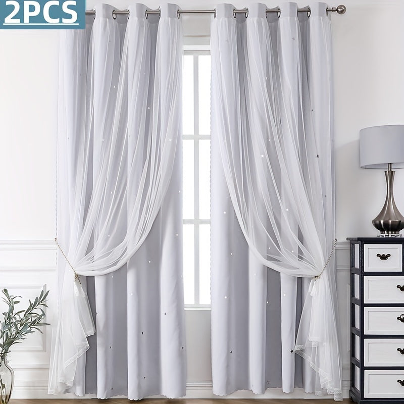 2PCS Grommet Top Curtains Double-layer Cute Hollow Star-shaped Small Holes Curtain For Light Transmission, Suitable For Bedroom Blackout Curtains, Living Room Curtains, Themed Room Curtains, And Festival Party Decoration Curtains Home Decor