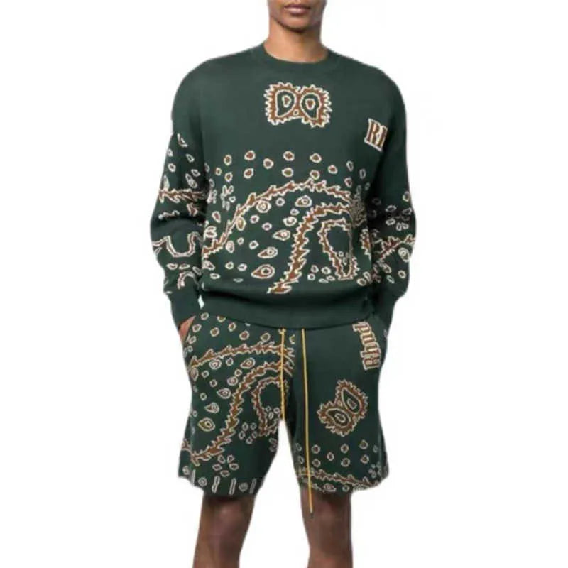 Men's Sweaters RHUDE Cashew Flower Vintage Jacquard Knitwear High Street Casual Loose Crew Neck Pullover Sweater For Men And Women T240701