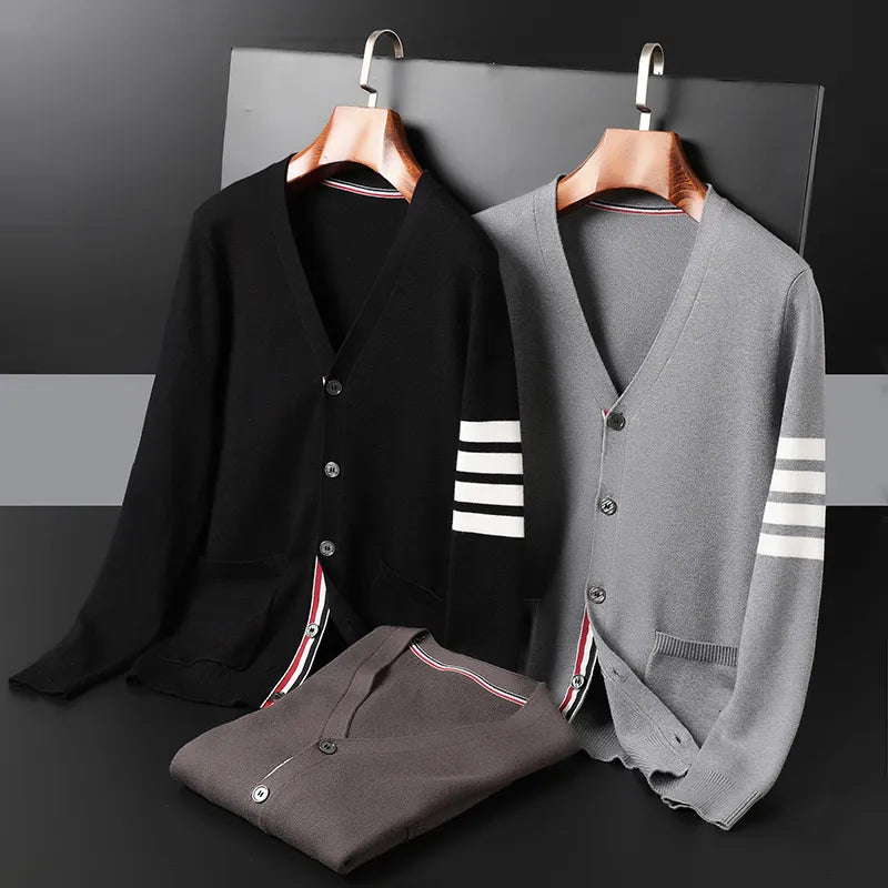 Mens Sweaters Season ThreeColor Striped Mens Cardigan Coat Trendy Striped Mens Cardigan Coat Wool Knitwear Sweater Cardigan 230815