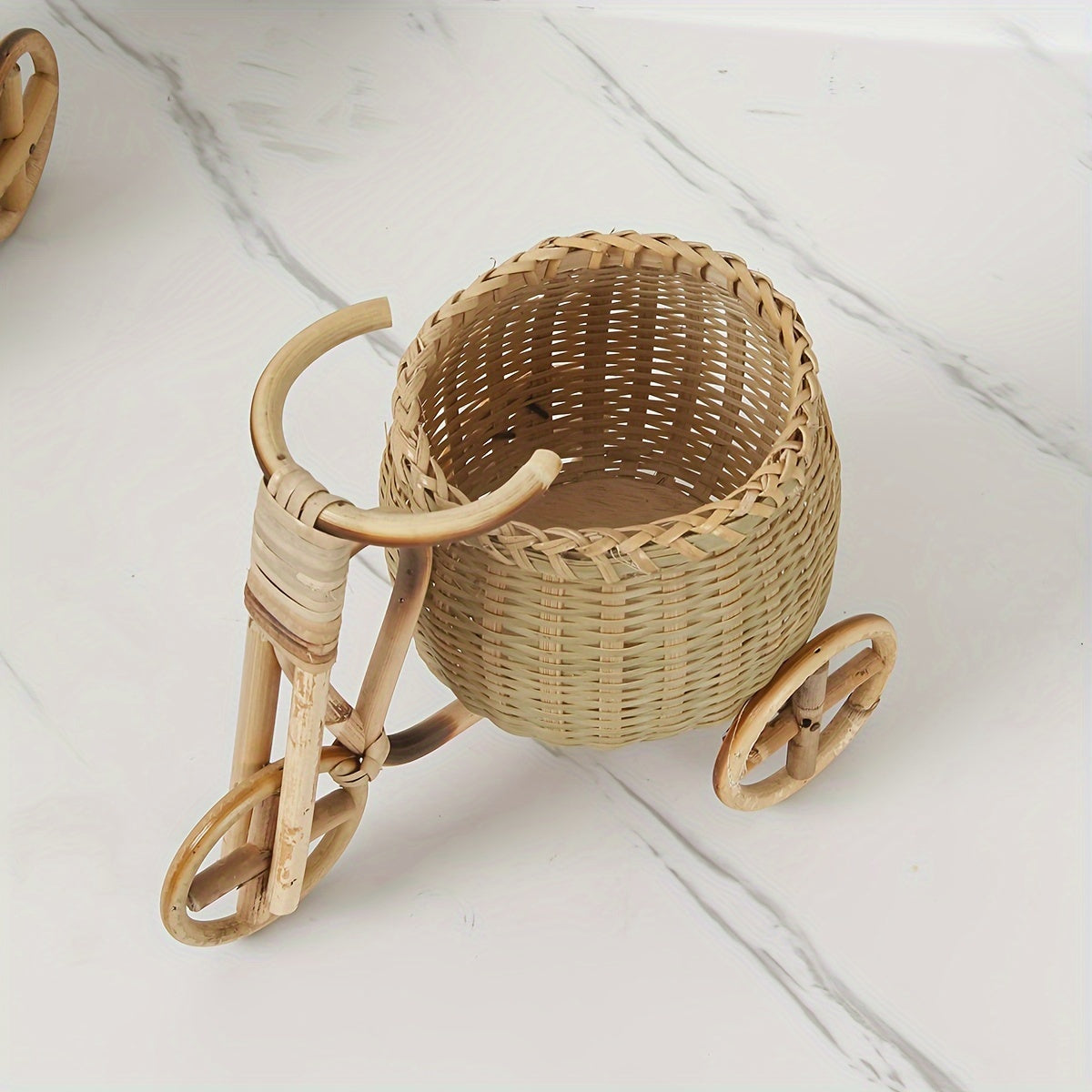 Rustic Bamboo Decorative Tricycle Art Basket, Mini Handcrafted Storage Tray with Abstract Pattern, Arts Theme Desk Organizer for Living Room, Bedroom - Festive Holiday Decor for Christmas, Halloween, Thanksgiving, Valentine's Day, Mother's Day (Set of 1)