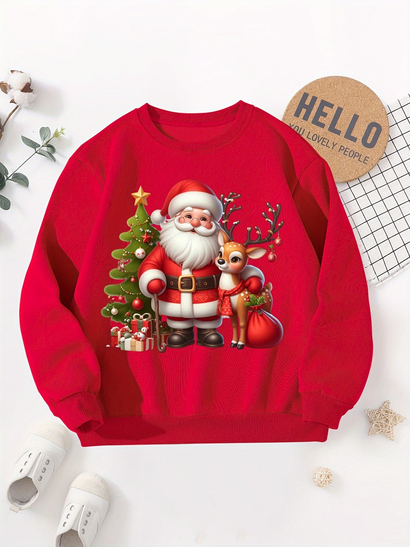 1pc Festive Christmas Santa and Reindeer Print Long Sleeve Pullover Sweatshirt for Boys, Casual Round Neck Polyester Knitwear with Embroidered Details, Regular Fit for Autumn/Winter