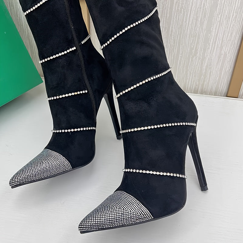 Ultrahigh Stiletto Heel Elegant Long Boots for Women - Zipper Closure, Pointed Toe, Rhinestone Embellished, Glam Style, Fabric Upper, Rubber Sole, Synthetic Leather Insole, Perfect for Dress Occasions