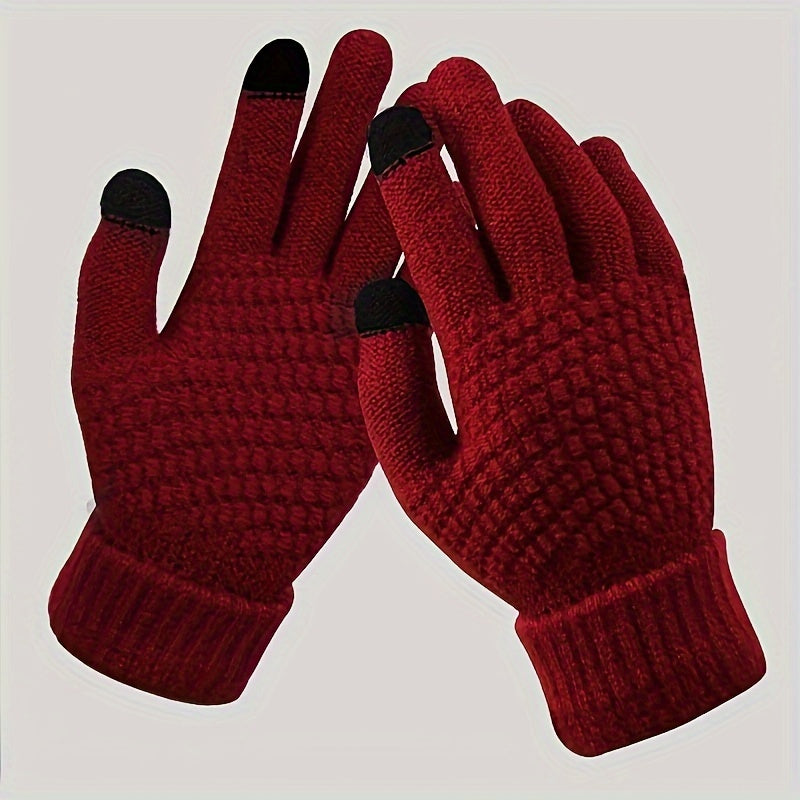 Unisex Warm Knit Touch Screen Gloves - Stretchable Full Finger, Wool-Feel Winter Mittens for Men & Women