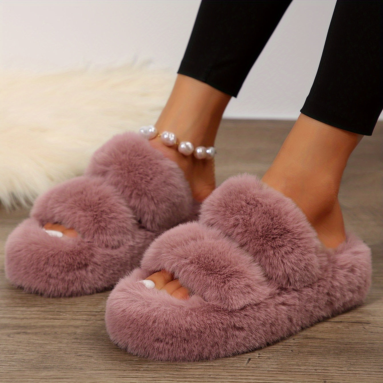 Double Band Fluffy Plush Home Slippers, Solid Color Open Toe Fuzzy Furry Shoes, Winter Cozy & Warm Slippers