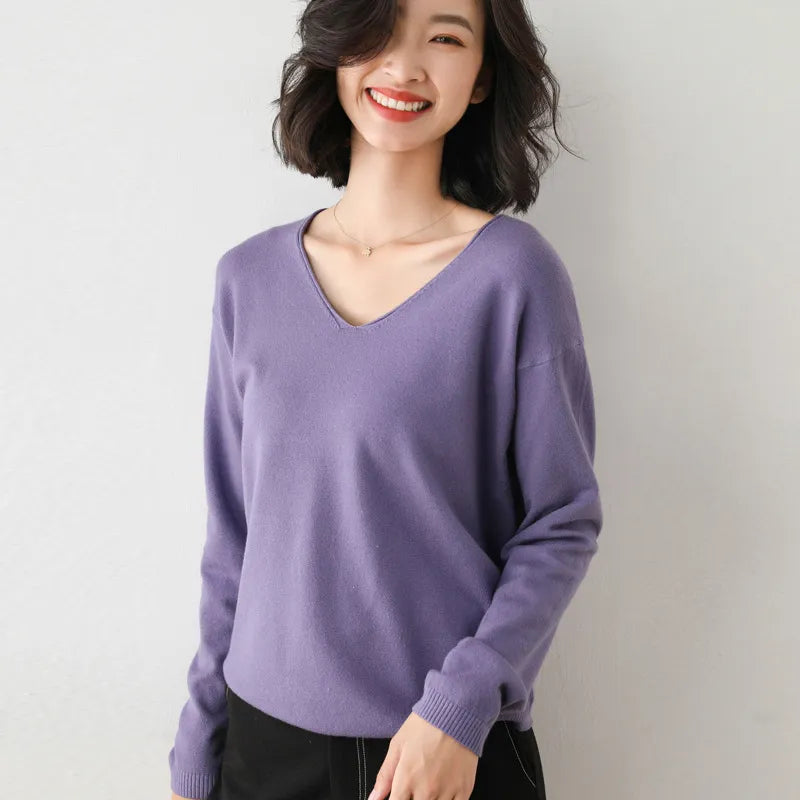 Spring Autumn Wool Blend Sweaters Women Fashion Sexy V-neck Pullover Loose Batwing Sleeve Plus Size Knitted Tops 200929