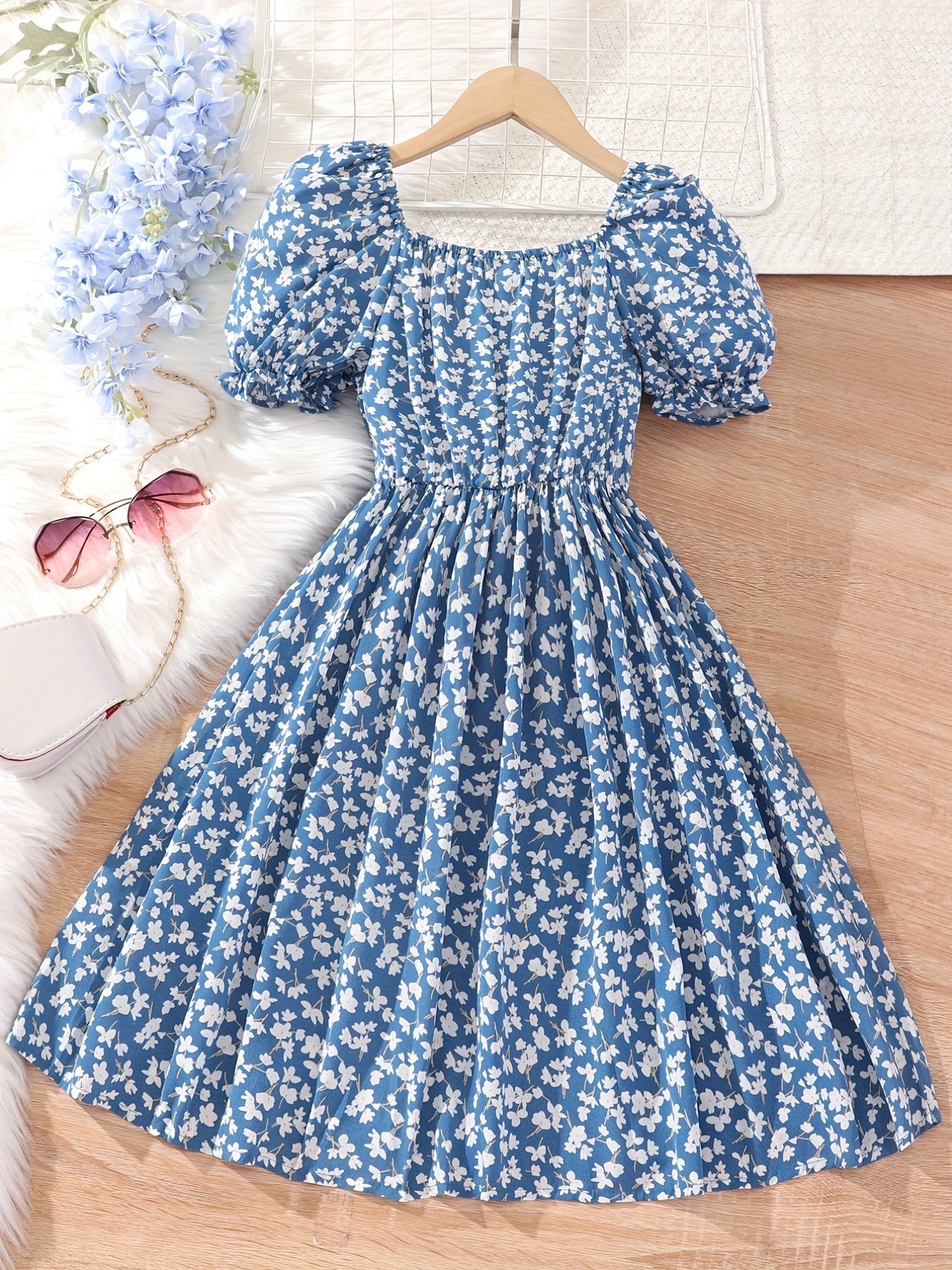 Vibrant Floral Print Fitted Girls Square Neck Casual Dress for Summer - Non-Stretch Polyester Fabric, Hand Wash Only, Perfect for Little Princesses