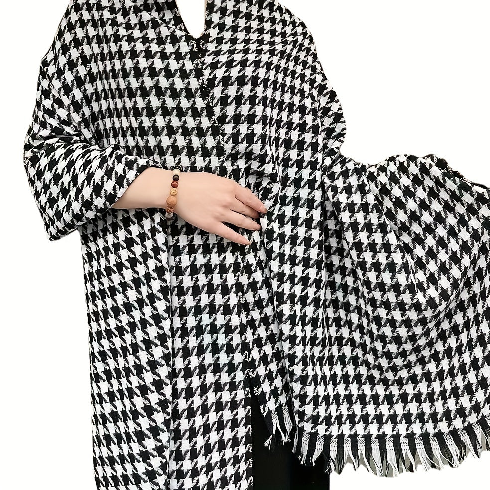 Large Houndstooth Scarf Shawl - Soft, Warm, Stretchy, Elegant Cold Weather Scarves & Wraps with Tassel for Autumn Winter - Versatile Neck Protection, Coldproof Blanket Scarf for Outdoor Activities