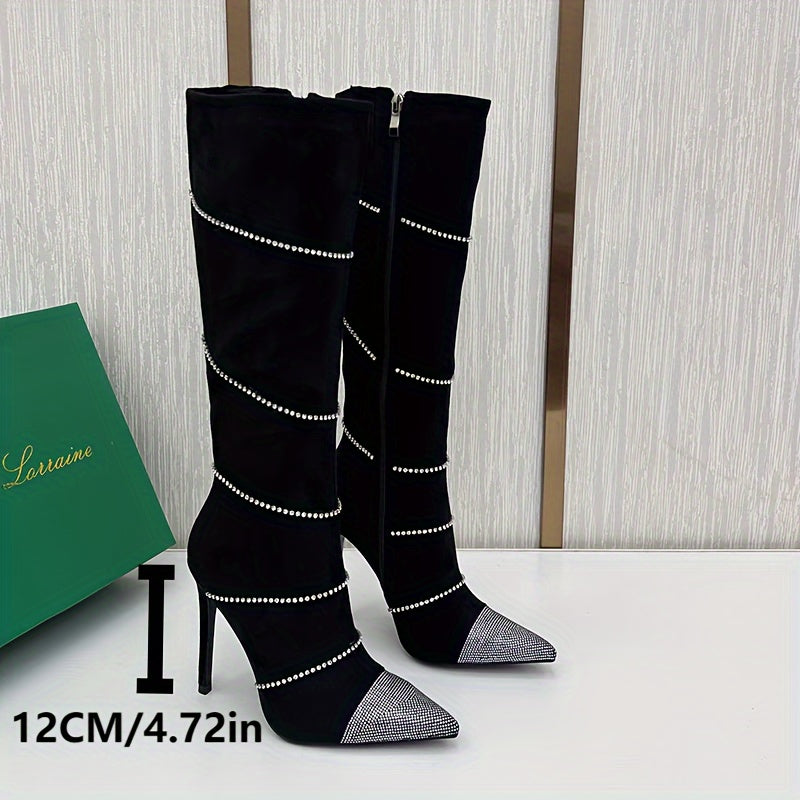 Ultrahigh Stiletto Heel Elegant Long Boots for Women - Zipper Closure, Pointed Toe, Rhinestone Embellished, Glam Style, Fabric Upper, Rubber Sole, Synthetic Leather Insole, Perfect for Dress Occasions