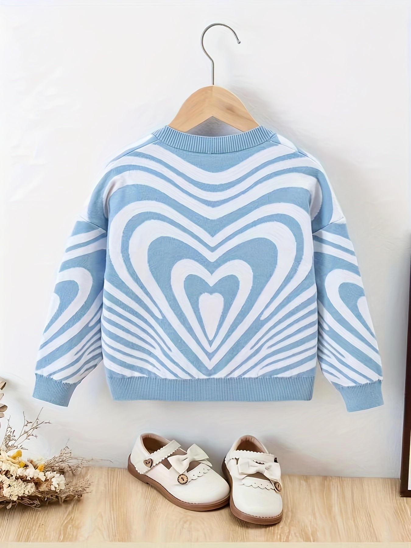 Fancy Heart Jacquard Knit Cardigan For Girls, Long Sleeve Button V Neck Sweater Coat Spring/ Fall Outerwear