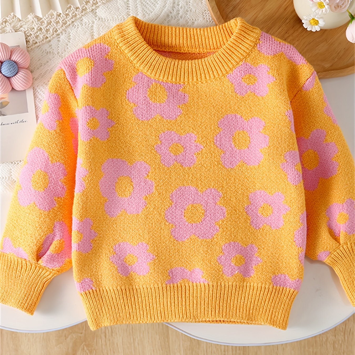 Adorable Cartoon Flower Pattern Cable Knit Long Sleeve Sweater - Soft, Cozy, and Warm Toddler & Infant Girl's Clothing for Fall and Winter Seasons - Sweet and Stylish Gift Idea for Little Princesses