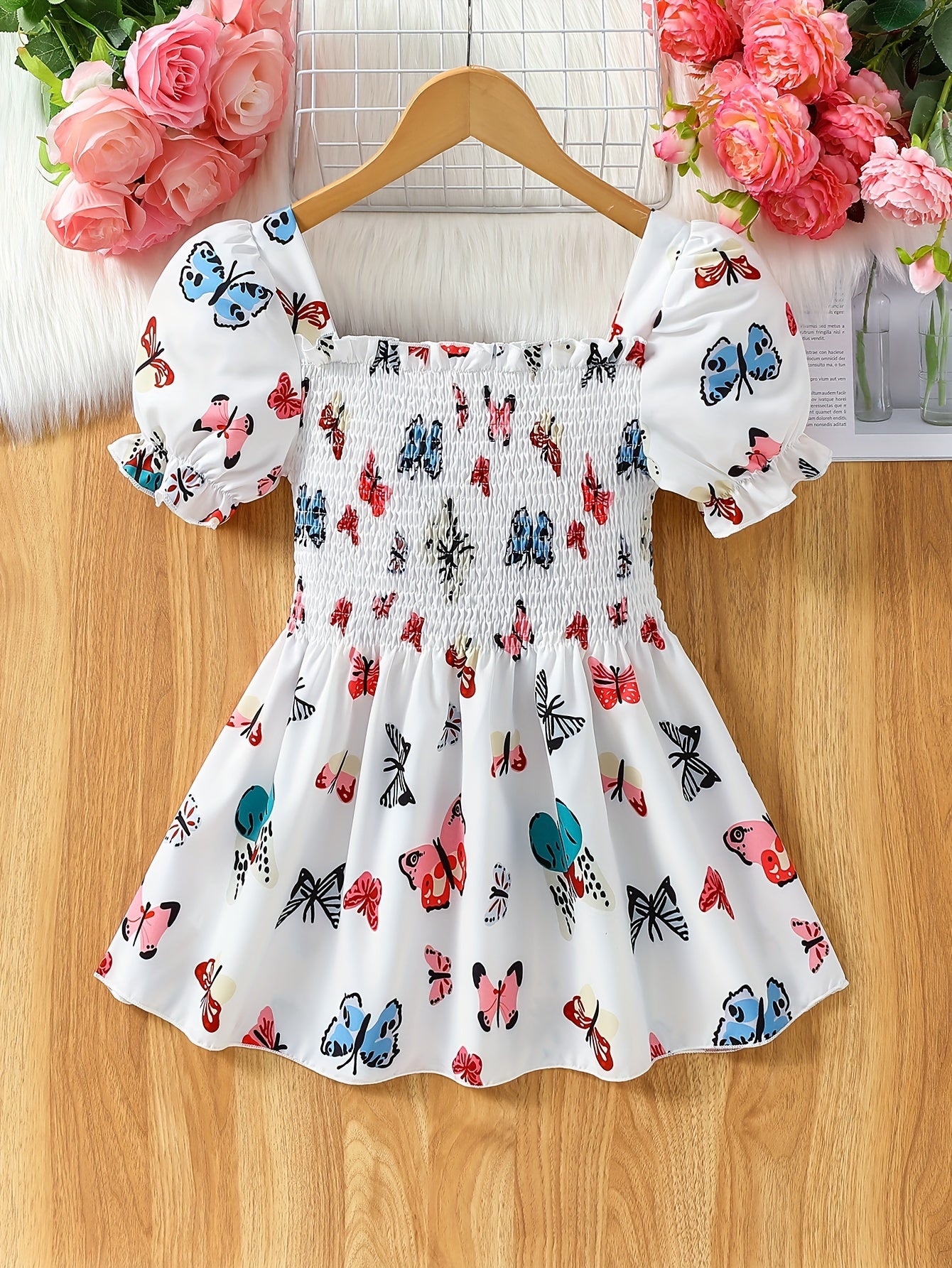 Adorable Girls' Square Neck Peplum Blouse - Smocked Details, Puff Sleeve, Casual Sweet Style, Perfect Summer Top for Little Princesses