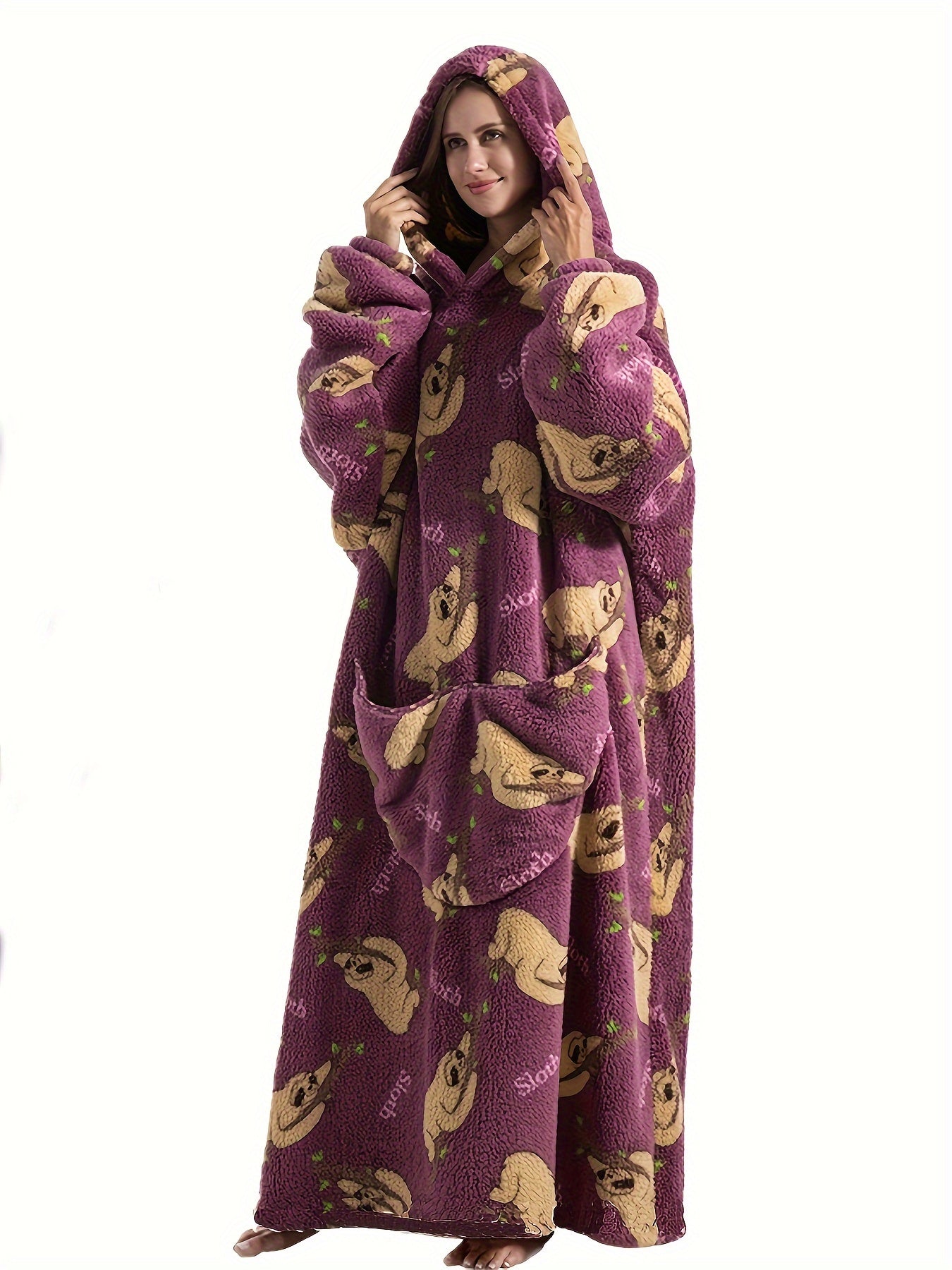 Plus Size Cute Nightgown, Women's Plus Puppy Print Long Sleeve Cozy Flannel Hooded Wearable Blanket With Pockets