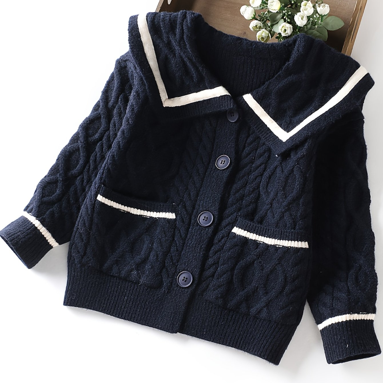 Girls Preppy Sailor Collar Short Length Knit Cardigan - Soft High Stretch Jersey Fabric, Long Sleeve, Lapel Collar, Pockets, Machine Washable, Perfect for Spring and Fall - Solid Color, Loose Fit, Regular Sleeve