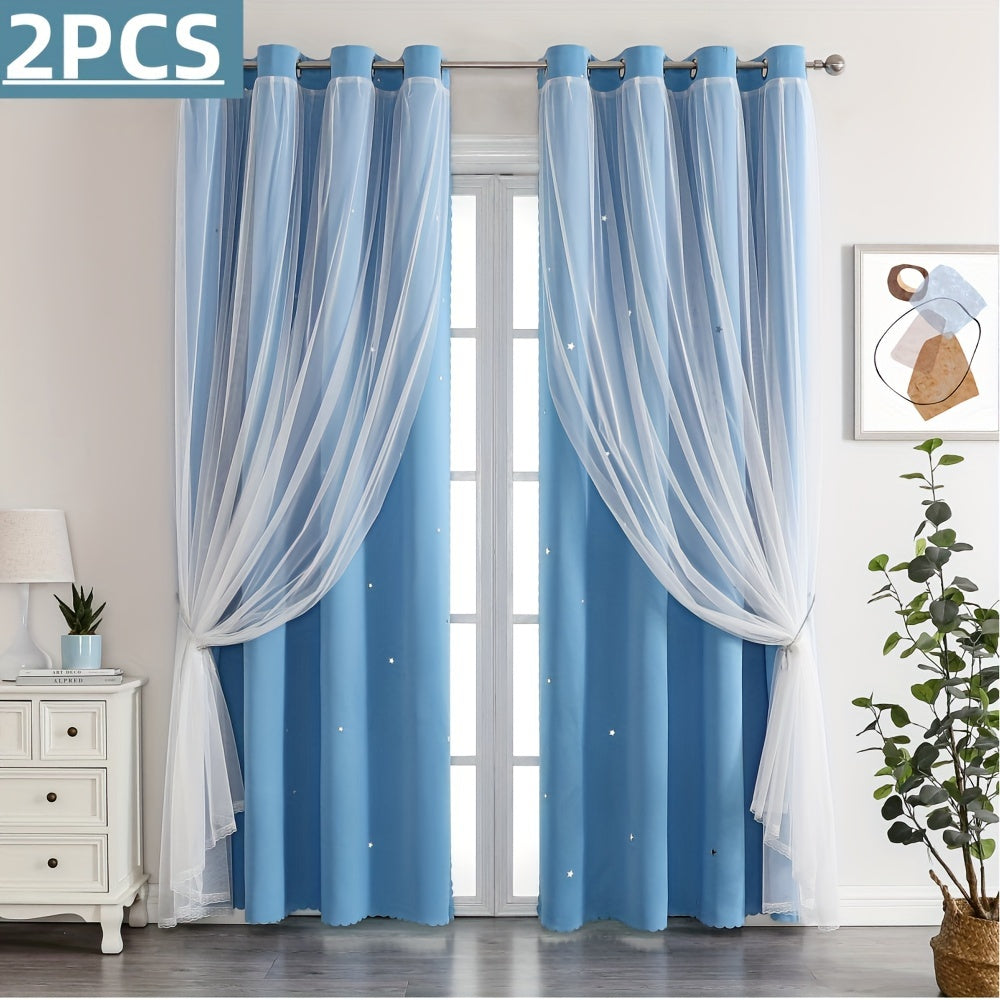 2PCS Grommet Top Curtains Double-layer Cute Hollow Star-shaped Small Holes Curtain For Light Transmission, Suitable For Bedroom Blackout Curtains, Living Room Curtains, Themed Room Curtains, And Festival Party Decoration Curtains Home Decor