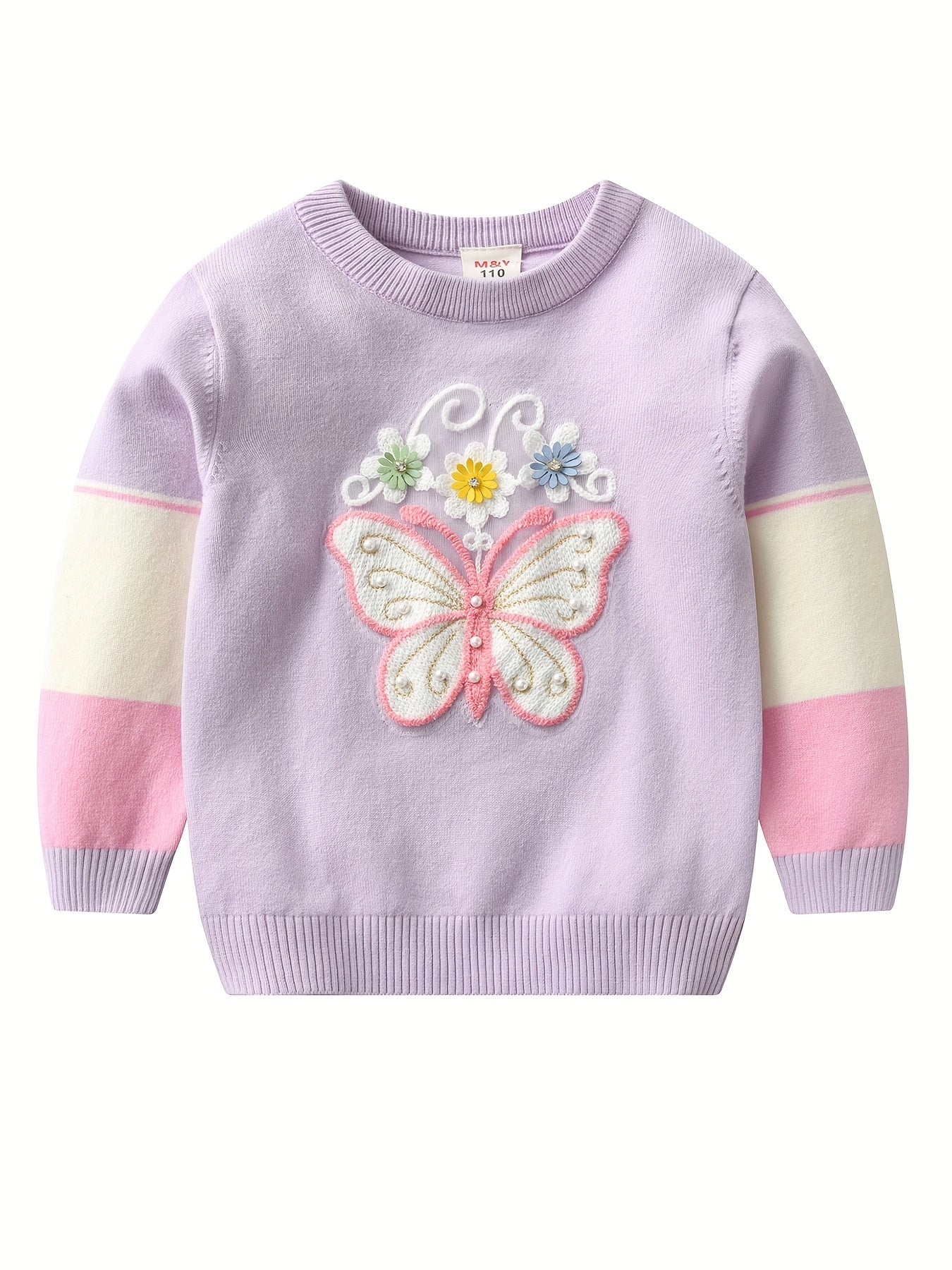 Vibrant Daisy Delight Crew Neck Sweater Top for Girls - Soft Beads and Butterfly Embroidery, Long Sleeves, Comfortable Fit, Spring and Autumn Wear, Ideal for Casual Outings and School Days