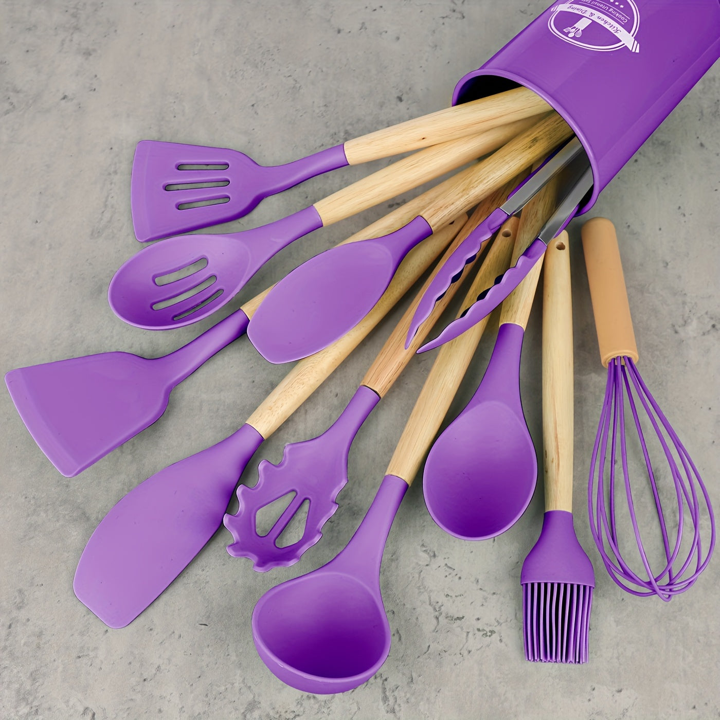 12pcs/set, Silicone Utensil Set, Kitchen Utensil Set, Safety Cooking Utensils Set, Non-Stick Cooking Utensils Set With Wooden Handle, Washable Modern Cookware, Kitchen Stuff, Kitchen Gadgets, Kitchen Essentials