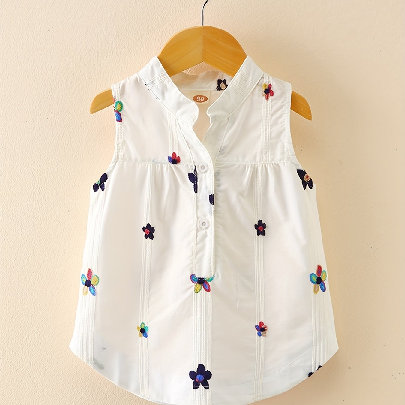 Adorable Floral Embroidered Sleeveless Blouse for Toddler Girls - Button Front, Curved Hem, Casual Summer Top - Perfect for Little Princesses