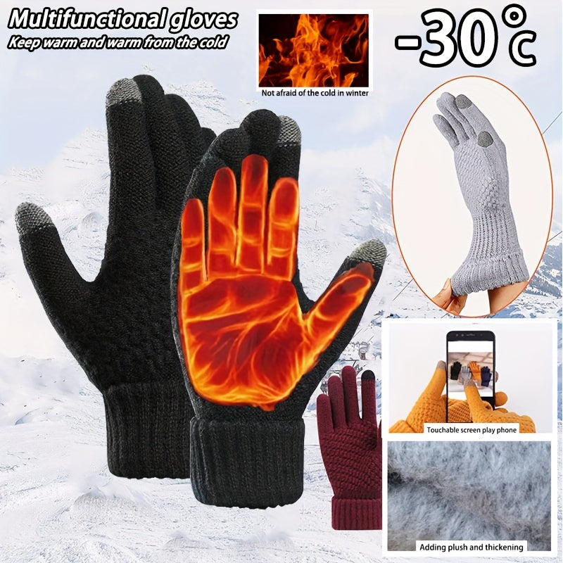 Unisex Warm Knit Touch Screen Gloves - Stretchable Full Finger, Wool-Feel Winter Mittens for Men & Women