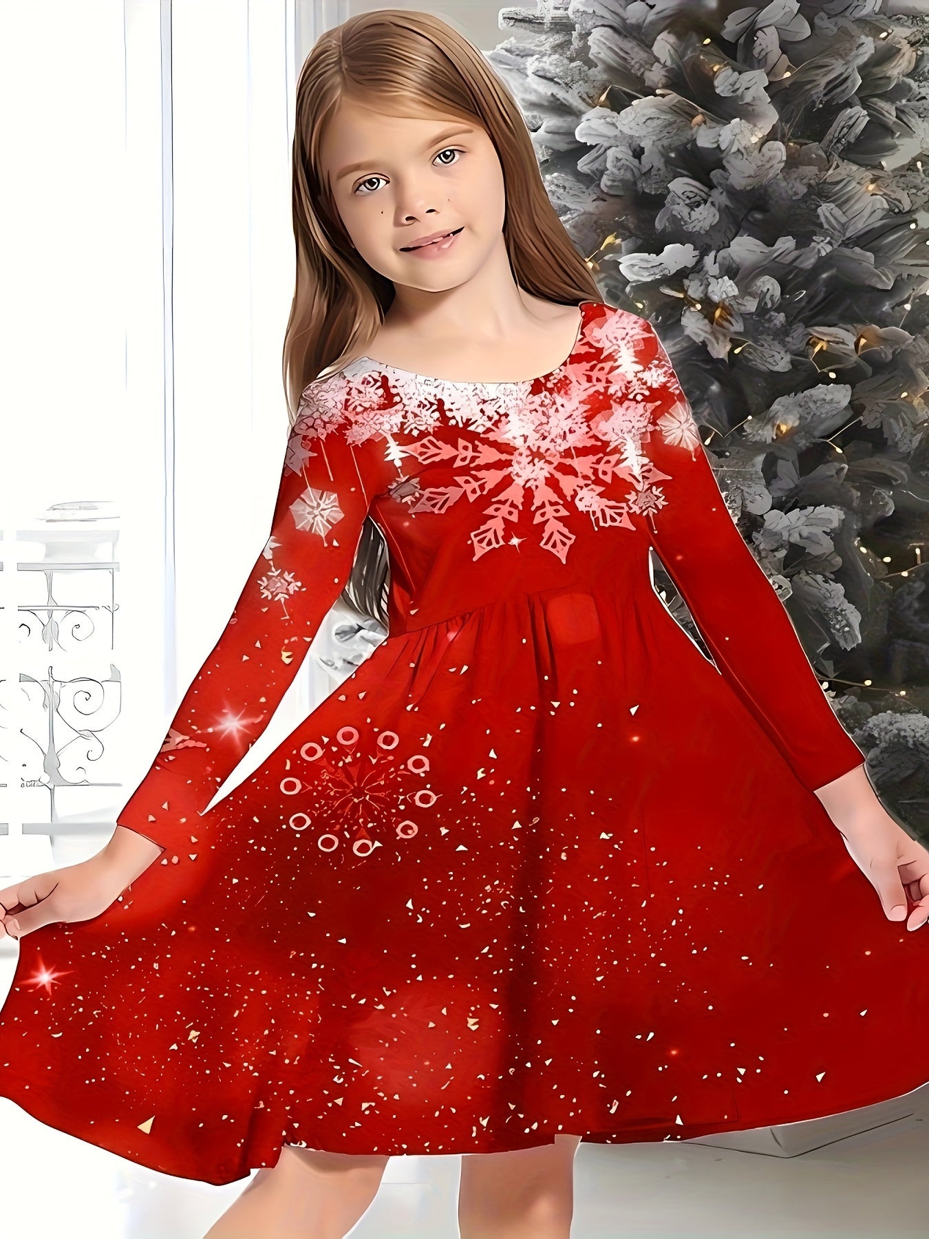 Girls' Festive 3D Snow Print Graphic Long Sleeve Dress - Activewear for Kids - Christmas Party Wear with Elegant Design and Comfortable Fabric