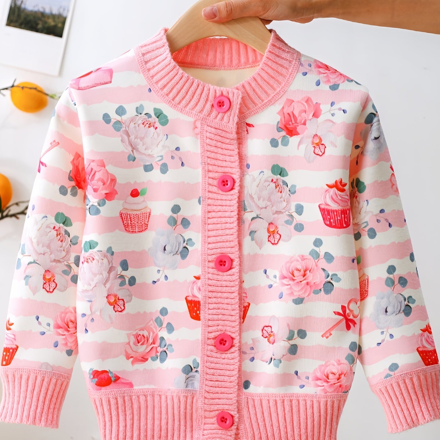 Charming Girl's Bow & Flower Print Knitted Cardigan - Cozy Long Sleeve Buckle Sweater Coat with Casual Sweet Style for Spring/Autumn - Soft, Warm, and Comfortable Clothing for Little Princesses