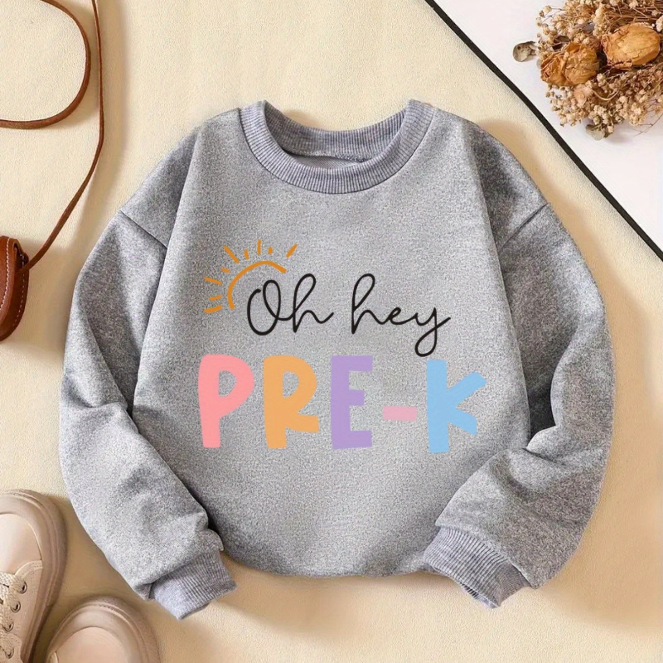 Vibrant PRE-K Lettering Print Girl's Comfy Crew Neck Long Sleeve Sweatshirt - Soft, Breathable, and Cozy for Daily Wear and Outdoor Activities - Perfect for School, Casual Events, and Gift Giving