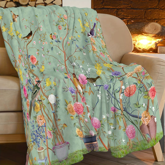 1pc Cozy Floral Bird Print Flannel Blanket - Soft, Warm, Comfortable, Versatile Throw for All Seasons, Home, Office, Travel, Bed - Perfect for Snuggling Up Indoors or Outdoors