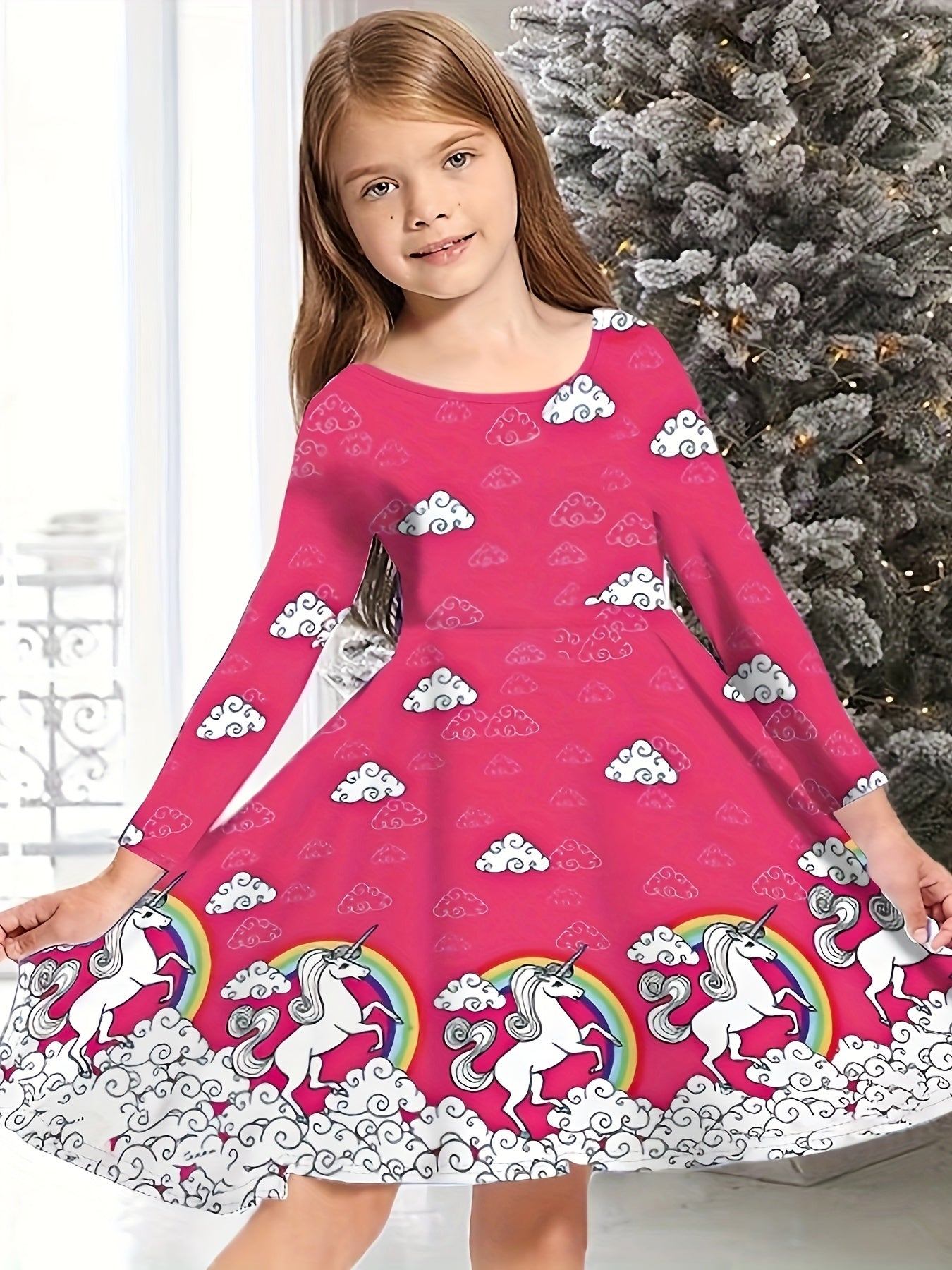 Christmas Party Snowflake Long Sleeve Dress for Girls - 3D Print Graphic, Festive Holiday Outfit, Comfortable Kids Clothes for Winter Season