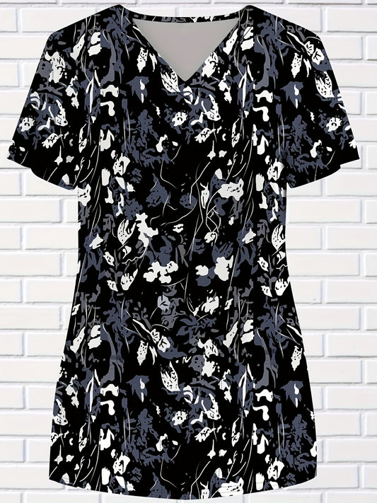 Plus Size Womens V Neck Short Sleeve Casual Shirting Top with Pockets - Soft Medium Stretch Polyester Fabric, Random Floral Print, Ideal for Nurses and Healthcare Professionals - Perfect for All Seasons