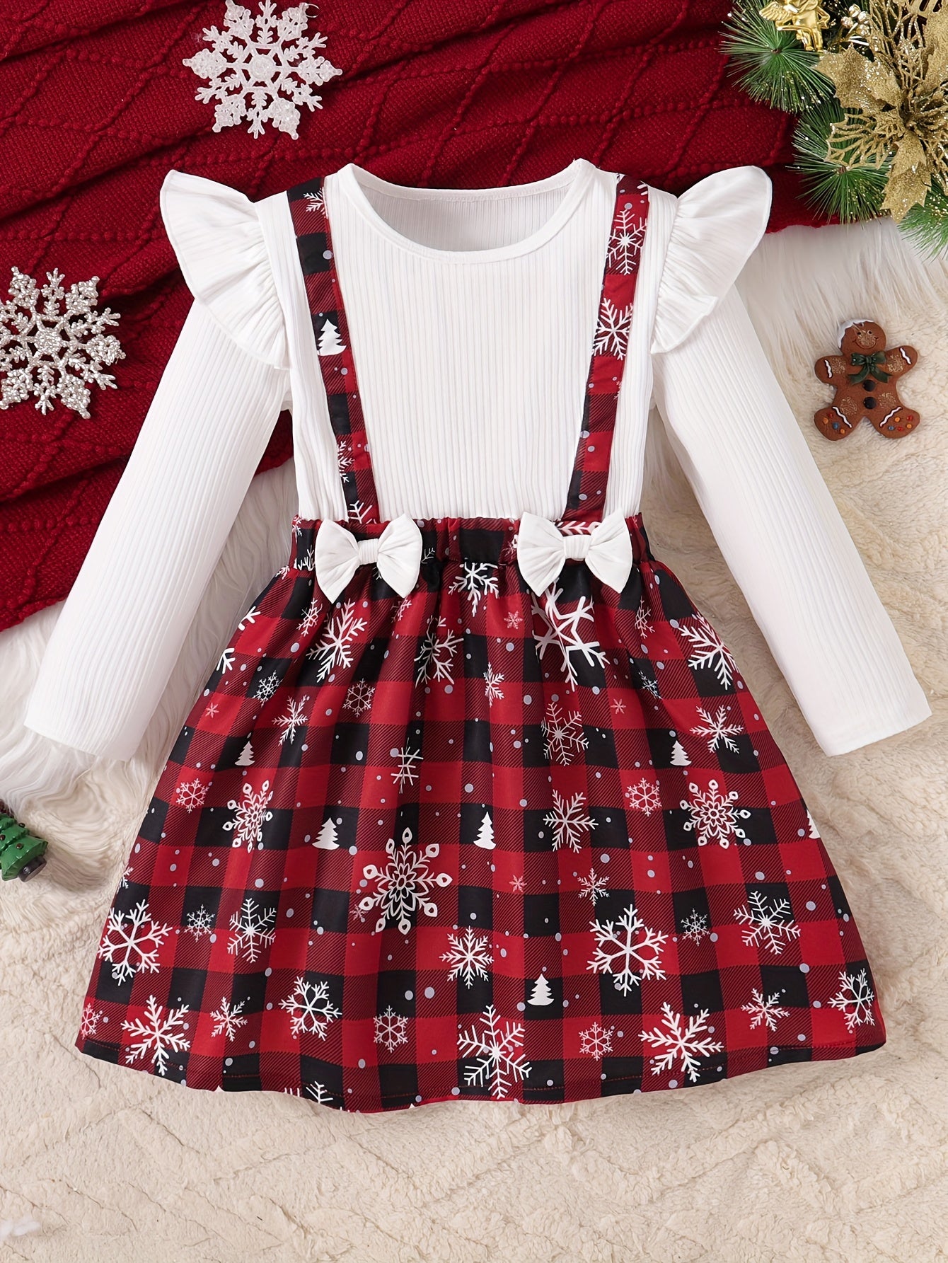 Girls' Festive Christmas Dress with Ruffle Trim & Bow - Snowman, Candy Cane & Tree Print - Perfect for Holiday Parties & Gifts, for Christmas, Autumn