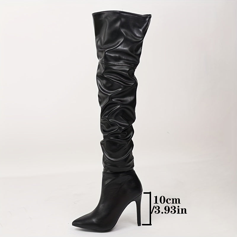 High Heel Stiletto Pointed Toe Over The Knee Boots - Fashionable Zipper Closure, Microfiber Artificial Leather Upper, Comfortable Platform, Rubber Sole, Tribal Style - All-Season Wear, Solid Color, No Printing