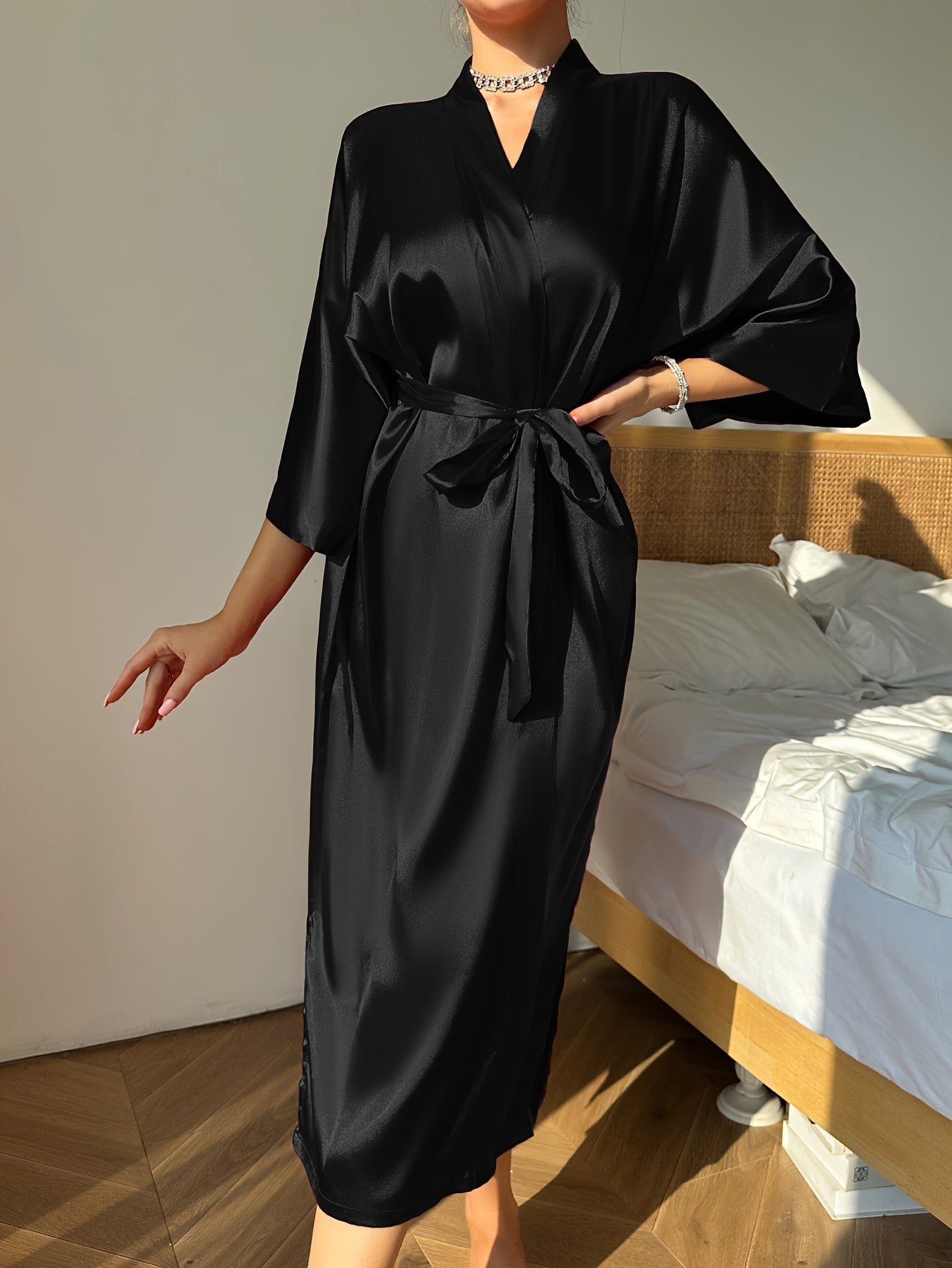 Elegant Women's Solid Silky Night Robes - Three Quarter Sleeve, V Neck Design, Soft Loungewear with Belt for Relaxation and Sleep