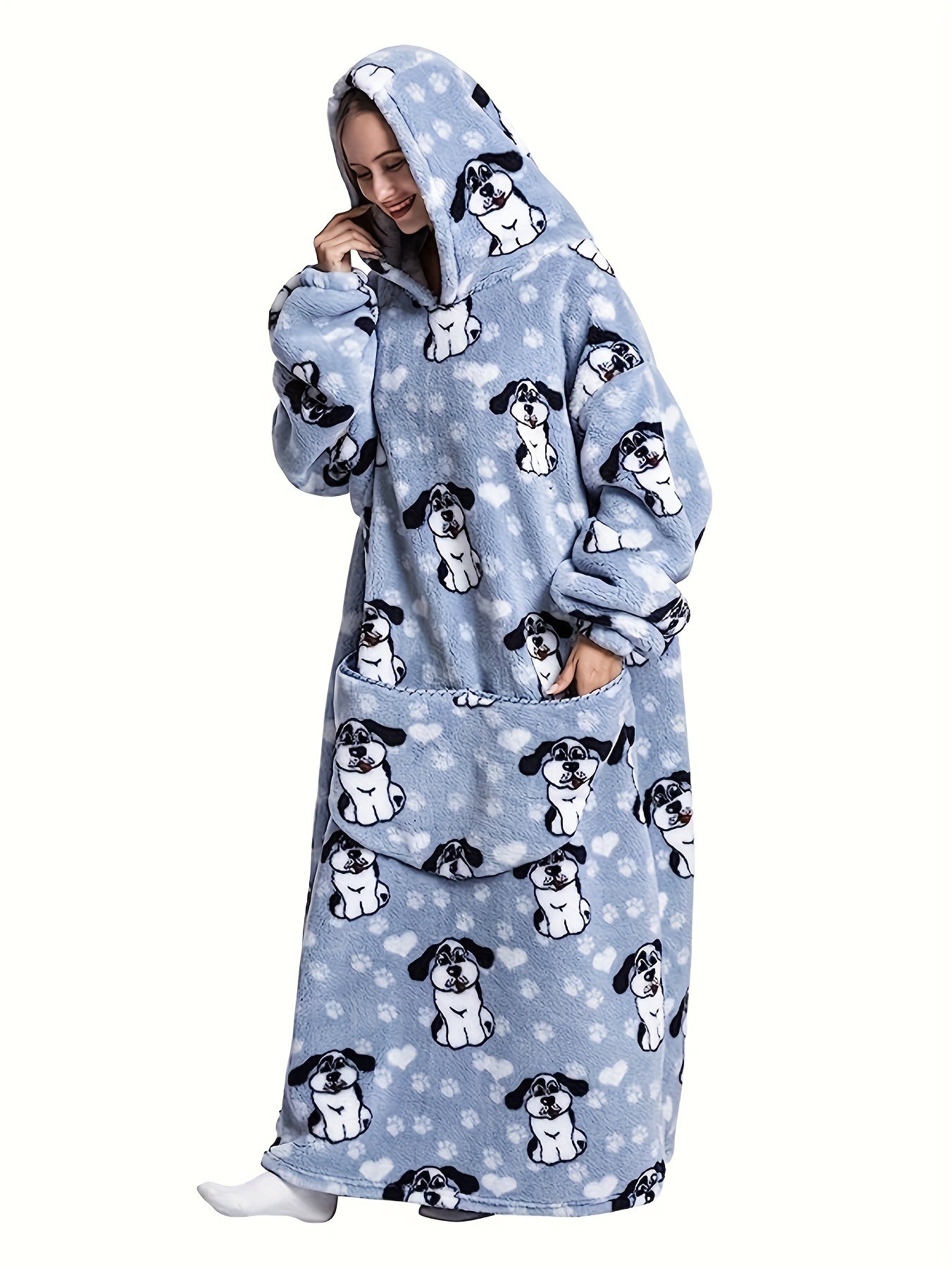 Plus Size Dog Print Flannel Blanket Hoodie, Winter Soft And Cozy Plush Hooded Outwear, Women's Plus Size Clothing