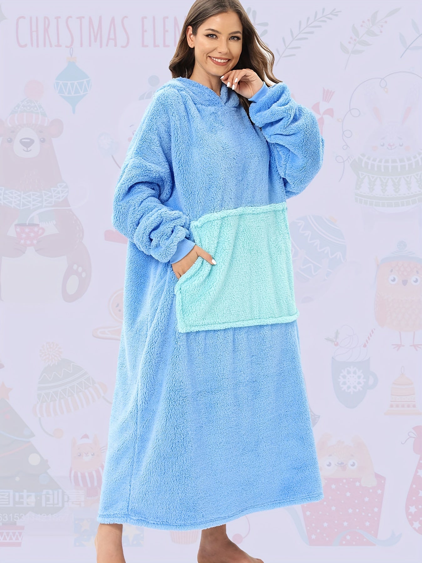 Women's Fleece Wearable Blanket Hoodie, Cute Cartoon Animal Design, Long Plush Bathrobe With Pockets, Casual Loose Fit, Warm Night Robe For Fall & Winter