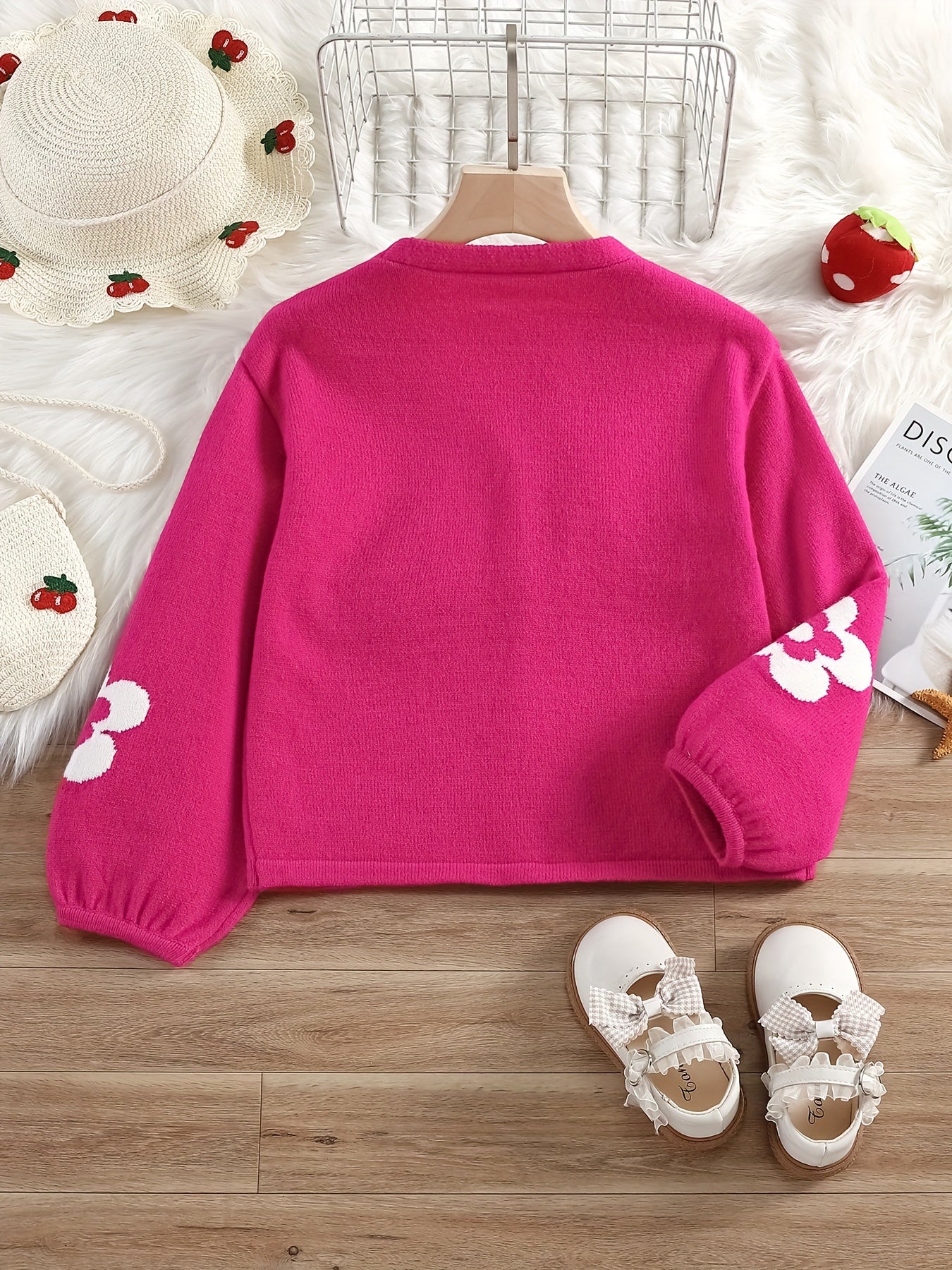 Girls Cute Batwing Sleeve Flowers Jacquard Button V-Neck Knit Cardigan Sweater Kids Fall/ Winter Clothes, Valentine's Day