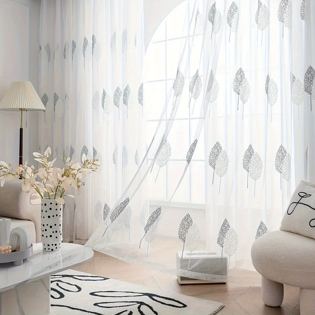 1pc Elegant Pastoral Leaf Embroidered Sheer Curtain - Simple, Translucent, Thin, Rod Pocket Design for Easy Hanging - Perfect for Living Room, Bedroom, Home Decor, Adding Touch of Nature and Elegance