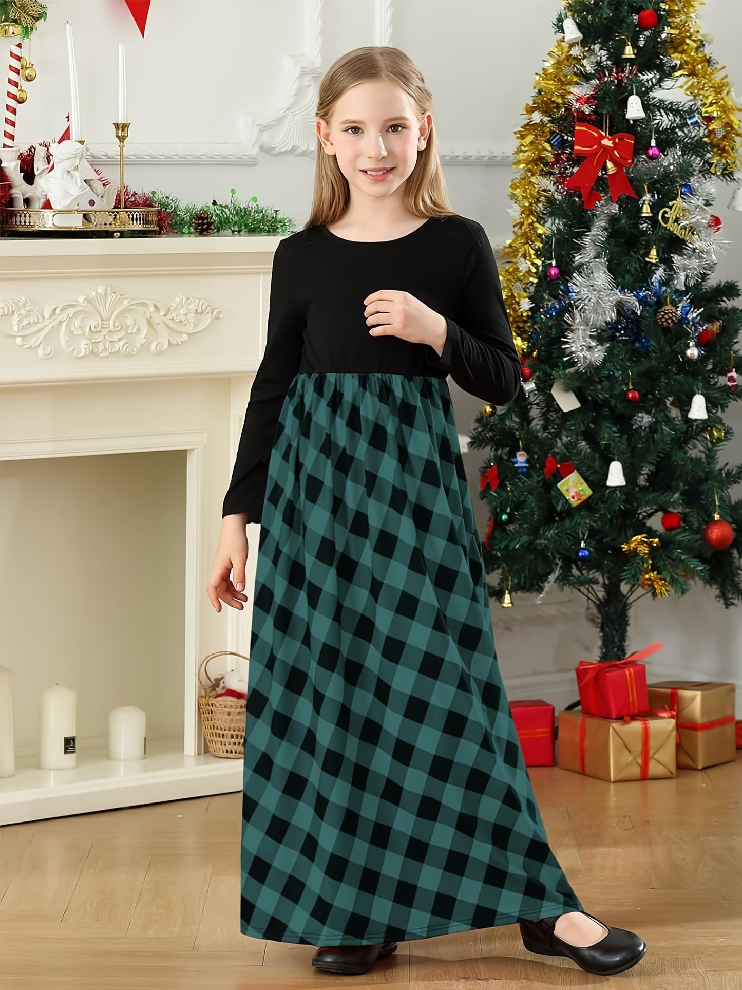 Girl Maxi Dress Kids Casual Christmas Buffalo Check Plaid Long Sleeve Dresses With Pockets (6-14yrs)